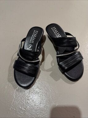 Italian Shoemakers Black Satin Slide Sandals with Rhinestone Band